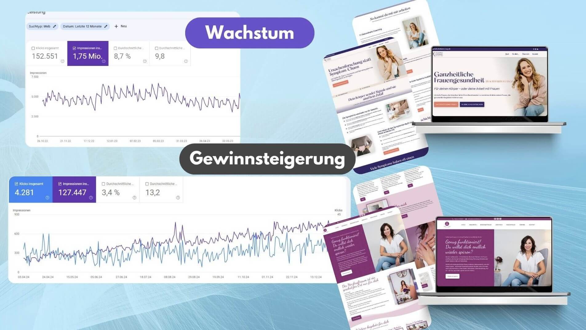 Collage mit verschiedenen Referenzen der Online Marketing Agentur Banana Marketing. Es sind verschiedenen Referenz Webseiten und Graphen aus der Google Search Console zu sehen